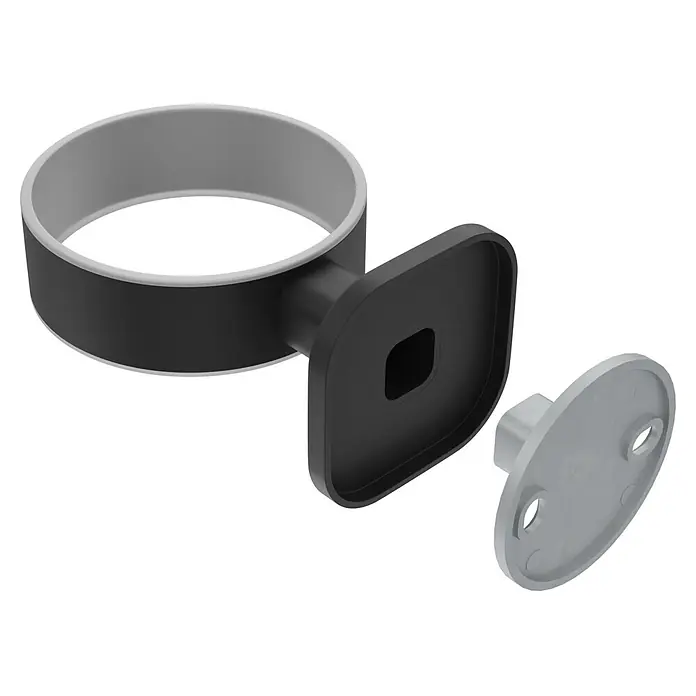Venus Zahnputzbecher Prag - Edelstahl, Schwarz - Zerlegte schwarze und graue Wandhalterungskomponenten: zylindrischer Ring, rechteckige Basis und runde Platte.