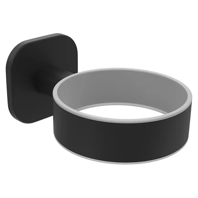 Venus Zahnputzbecher Prag - Edelstahl, Schwarz - Dunkelgrauer runder Wandhalter mit hellgrauem Innenring.