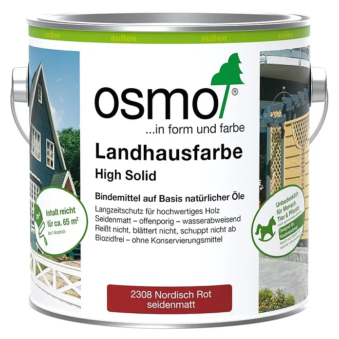 Osmo High Solid Landhausfarbe - Nordisch Rot, 2,5 l, Seidenmatt - Osmo Landhausfarbe High Solid in Nordisch Rot seidenmatt, Holzfarbe für außen auf natürlicher Ölbasis.