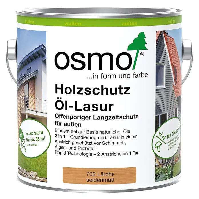 Osmo Holzlasur - Lärche - 702, 2,5 l, Seidenmatt - Osmo Holzschutz Öl-Lasur 702 Lärche seidenmatt. Eine Dose für Holzschutz im Außenbereich, schützt vor Schimmel und Algen.