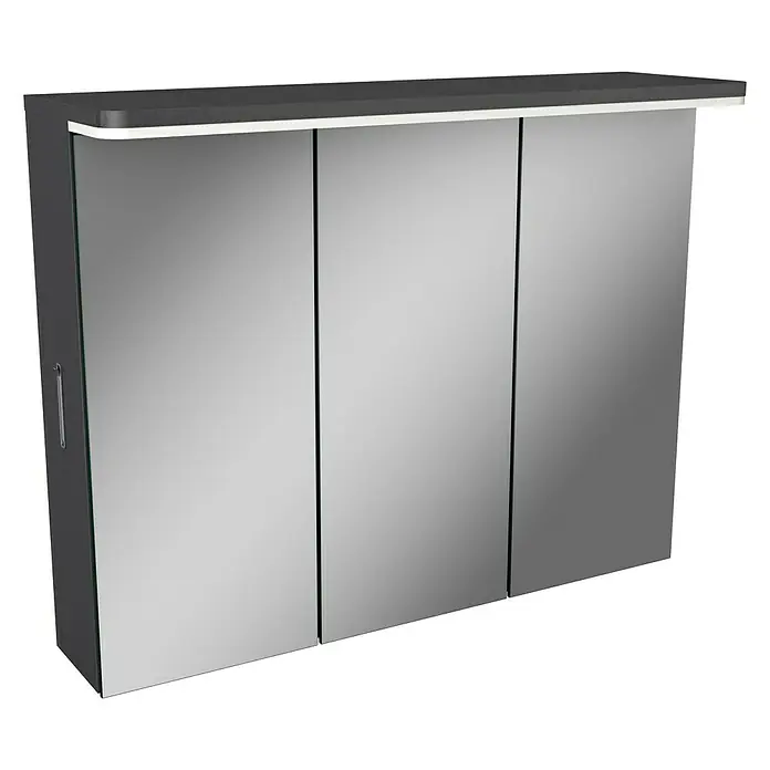 Camargue Modern 3.0 Badmöbel-Set MO80G3 - Gesamtbreite Badmöbel: 80 cm, Grafit, Hochglänzend, 3 -tlg. - Ein moderner Spiegelschrank mit drei Türen, der sich ideal für Badezimmer eignet und zusätzlichen Stauraum bietet. Die graue Oberfläche ist elegant.