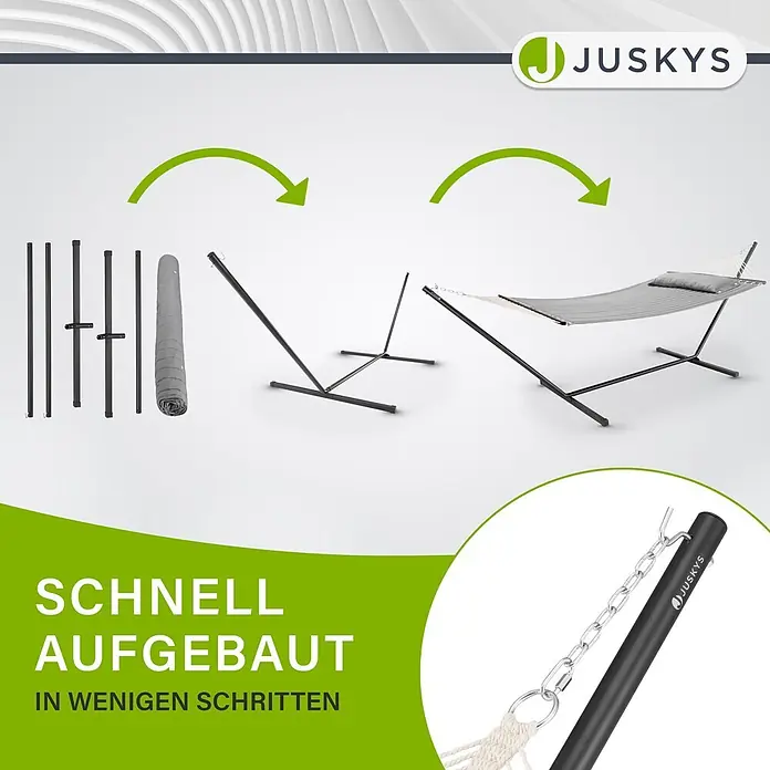Juskys Hängematten-Set Cata - L x B x H: 360 x 140 x 115 cm, Hellgrau - Graue gestreifte Hängematte mit schwarzem Metallgestell, demontiert, teilweise und vollständig montiert dargestellt.