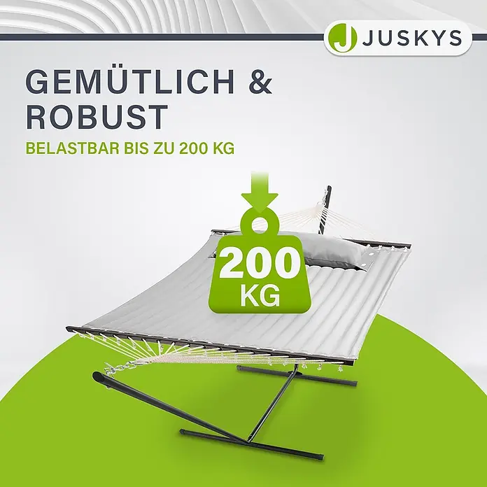 Juskys Hängematten-Set Cata - L x B x H: 360 x 140 x 115 cm, Hellgrau - Grau-weiße Hängematte auf schwarzem Gestell, mit Belastbarkeit von 200 kg.