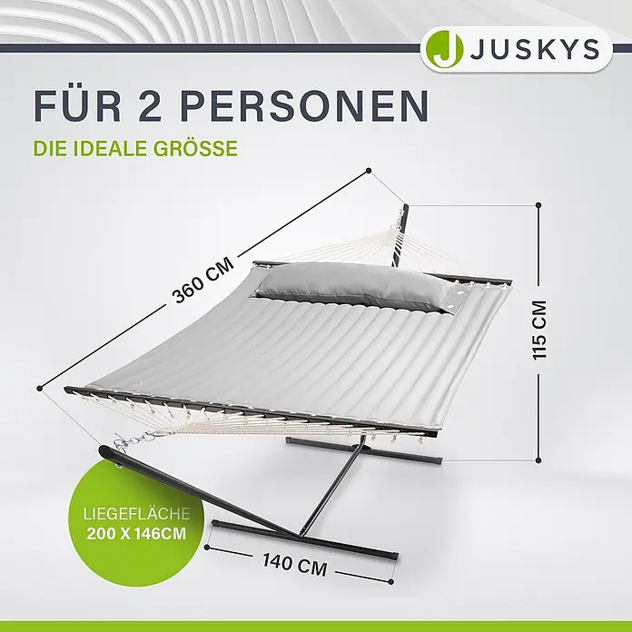 Juskys Hängematten-Set Cata - L x B x H: 360 x 140 x 115 cm, Hellgrau - Graue Hängematte für zwei Personen mit Gestell und Kissen, Maße sind angezeigt.