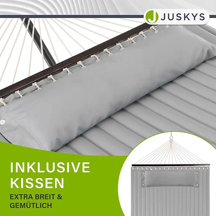 Juskys Hängematten-Set Cata - L x B x H: 360 x 140 x 115 cm, Hellgrau - Graue Stoffhängematte mit integriertem Kissen, extra breit & gemütlich.
