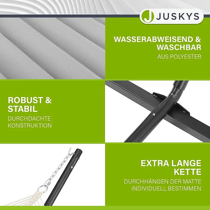 Juskys Hängematten-Set Cata - L x B x H: 360 x 140 x 115 cm, Hellgrau - JUSKYS Hängematte: wasserabweisendes Polyester, robuster schwarzer Rahmen, verstellbare Kette für individuellen Durchhang.