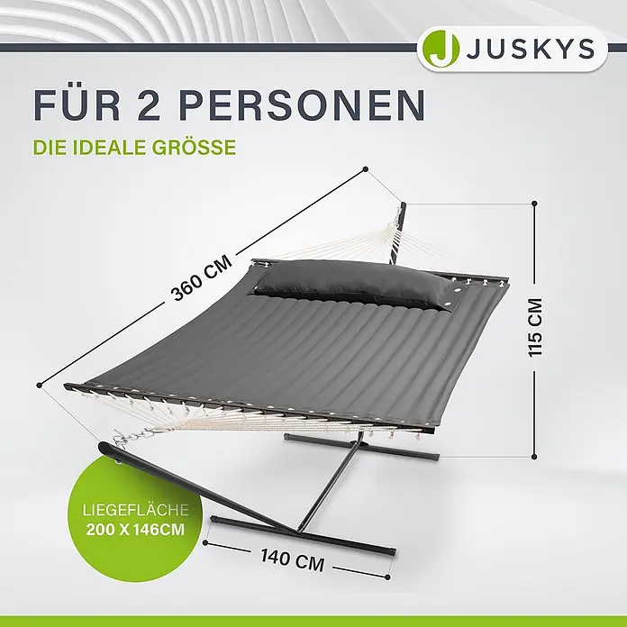 Juskys Hängematten-Set Cata - L x B x H: 360 x 140 x 115 cm, Anthrazit - Graue Juskys Doppelhängematte mit Gestell und Kissen, Maße für 2 Personen werden angezeigt.