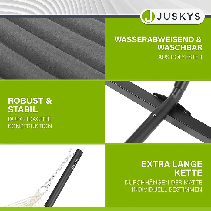 Juskys Hängematten-Set Cata - L x B x H: 360 x 140 x 115 cm, Anthrazit - Merkmale einer Hängematte: dunkelgraue gerippte Polyestermatte (wasserabweisend, waschbar) und robuster schwarzer Metallrahmen mit verstellbarer Kette.