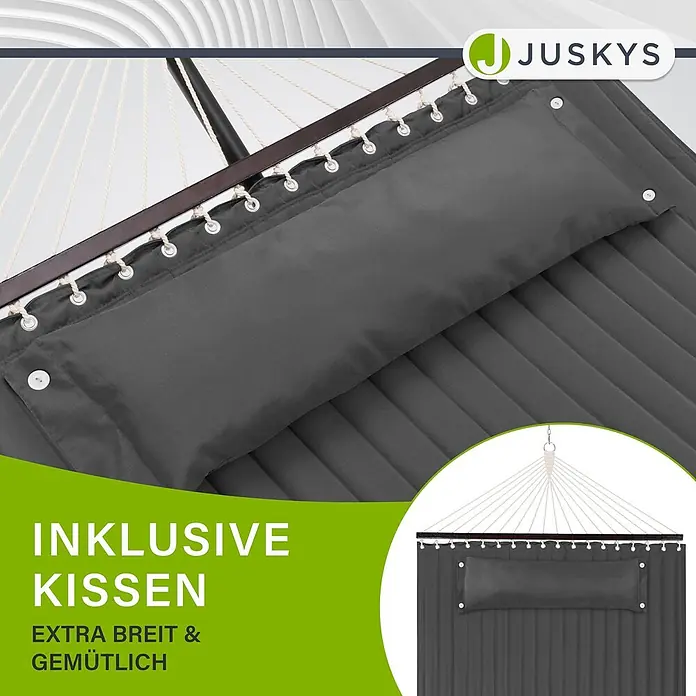Juskys Hängematten-Set Cata - L x B x H: 360 x 140 x 115 cm, Anthrazit - Dunkelgraue, gesteppte Hängematte mit integriertem Kissen, Holzspreizstange und weißen Aufhängeseilen.