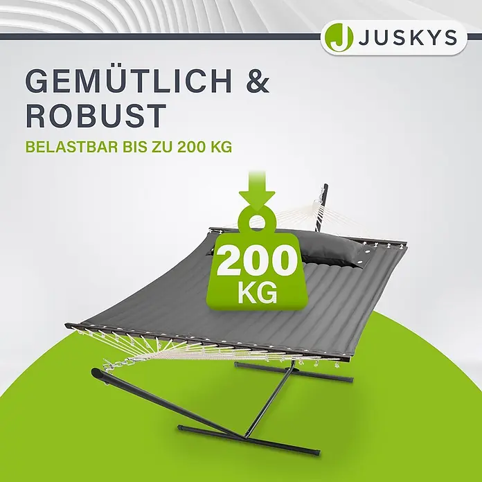 Juskys Hängematten-Set Cata - L x B x H: 360 x 140 x 115 cm, Anthrazit - Graue gepolsterte Hängematte auf schwarzem Gestell, belastbar bis 200 kg.
