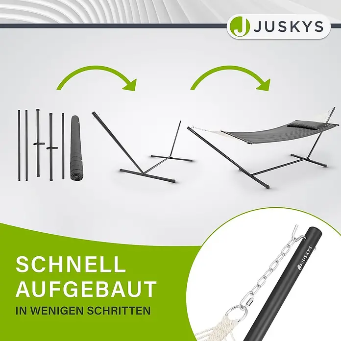 Juskys Hängematten-Set Cata - L x B x H: 360 x 140 x 115 cm, Anthrazit - Schwarzes Metall-Hängematten-Gestell und Hängematte, in drei Schritten vom zerlegten Gestell bis zur vollständigen Montage gezeigt.