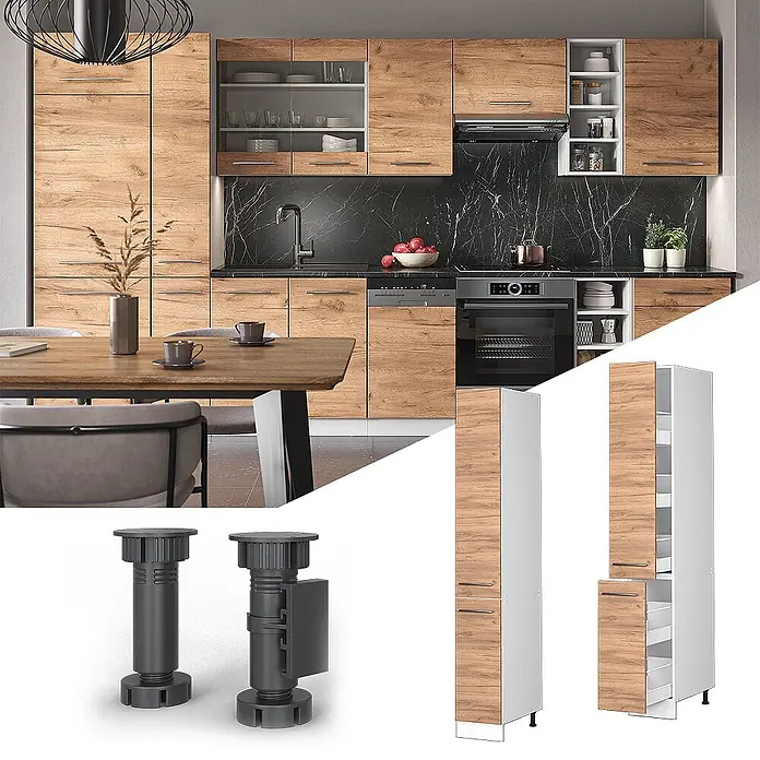 Vicco Schrankküche Fame-Line Goldkraft Eiche - Goldkraft Eiche, Apothekerhochschrank 30 cm - Moderne Küche mit hellen Holzoptik-Schränken, schwarzer Marmoroptik-Rückwand und integrierten Geräten.