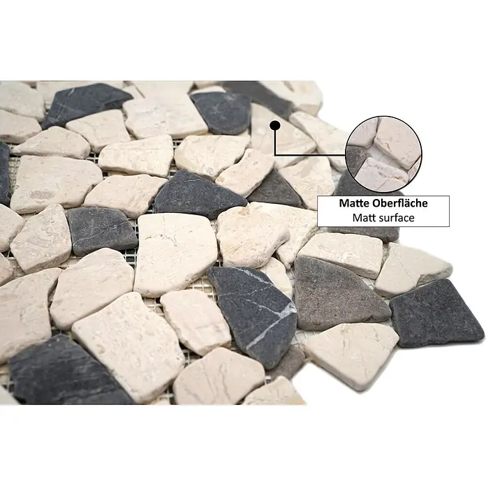 Mosaikfliese Mix CIOT 30/110 - 30,5 x 30,5 cm, Weiß/Schwarz, Matt - Unregelmäßige Naturstein-Mosaikfliesen in hellen und dunklen Farben mit matter Oberfläche, auf Netz montiert.