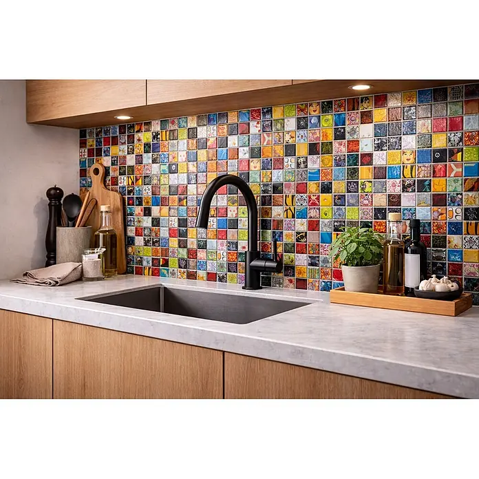 Mosaikfliese Quadrat Mix CG STAR - 30 x 30 cm, Mehrfarbig, Glänzend - Lebhafter, bunter Mosaikfliesen-Spritzschutz in einer modernen Küche. Viele kleine, gemusterte Fliesen über einer Spüle mit schwarzer Armatur.