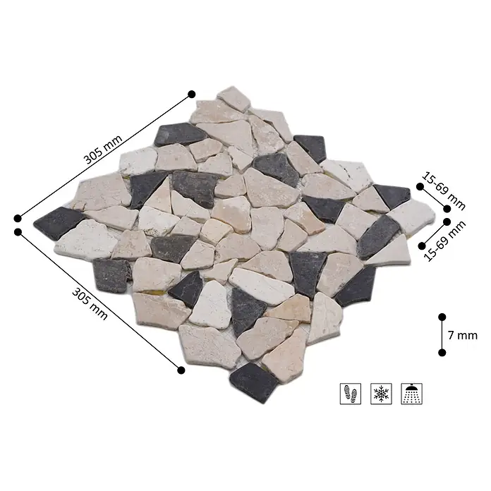 Mosaikfliese Mix CIOT 30/110 - 30,5 x 30,5 cm, Weiß/Schwarz, Matt - Mosaikfliese aus Naturstein (305x305x7mm) mit unregelmäßigen hellen/dunklen Steinen. Frostbeständig, rutschfest, für Nassbereiche.