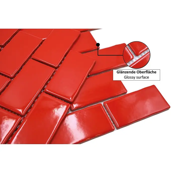 Mosaikfliese Subway Handmade Style HSS 567 - 30,9 x 26,5 cm, Rot, Glänzend - Rote, glänzende Metrofliesen in Fischgrätmuster verlegt.