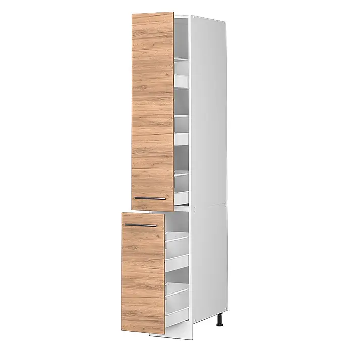 Vicco Schrankküche Fame-Line Goldkraft Eiche - Goldkraft Eiche, Apothekerhochschrank 30 cm - Hoher Küchenschrank mit hellen Holzmaserungstüren und offenen Türen, die weiße Auszugschubladen zeigen.