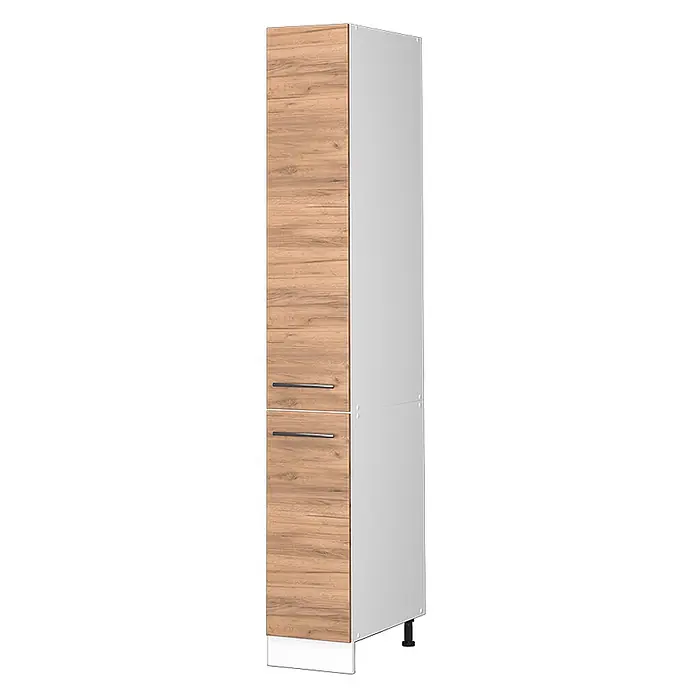 Vicco Schrankküche Fame-Line Goldkraft Eiche - Goldkraft Eiche, Apothekerhochschrank 30 cm - Hoher Schrank mit heller Holzmaserung vorne, grauer Seite und weißem Sockel.