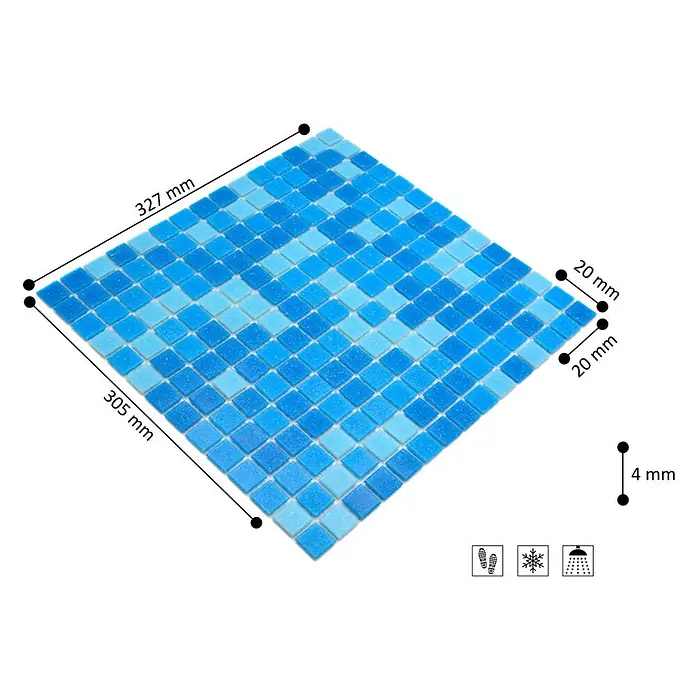 Mosaikfliese Quadrat Mix - 32,7 x 30,5 cm, Blau, Matt - Blau-hellblaues quadratisches Mosaikfliesenblatt (20x20mm Fliesen, 4mm dick), rutschfest, frostsicher, für Nassbereiche.