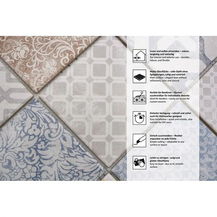 Mosaikfliese JAB 97PV20 multi colour - 29,7 x 29,7 cm, Mehrfarbig, Matt - Nahaufnahme von vier gemusterten Mosaikfliesen in Beige, Blau und Hellgrau, rautenförmig angeordnet.