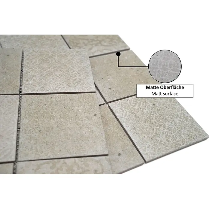 Mosaikfliese Quadrat Shabby CELLO - 29,8 x 29,8 cm, Grau, Matt - Helle beige quadratische Mosaikfliesen mit matter, dezent gemusterter Oberfläche auf einem Netz.