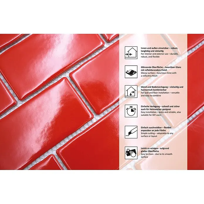 Mosaikfliese Subway Handmade Style HSS 567 - 30,9 x 26,5 cm, Rot, Glänzend - Nahaufnahme glänzender roter Rechteckfliesen mit abgerundeten Kanten, die ihre vielseitigen Eigenschaften für den Innen- und Außenbereich hervorheben.