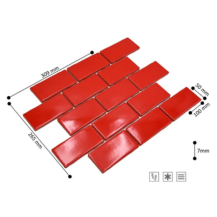 Mosaikfliese Subway Handmade Style HSS 567 - 30,9 x 26,5 cm, Rot, Glänzend - Glänzende rote rechteckige Fliesen in versetztem Muster, mit Symbolen für Boden, Frost und Wasser.
