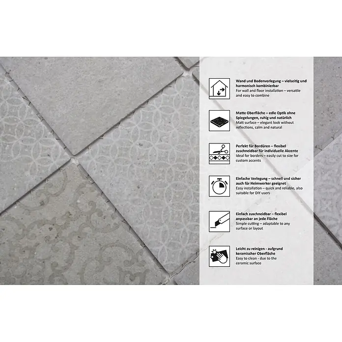 Mosaikfliese Quadrat Shabby CELLO - 29,8 x 29,8 cm, Grau, Matt - Helle, matte Keramikfliesen in Grau/Beige mit dezenten Mustern, bereit zur Wand- und Bodenverlegung.