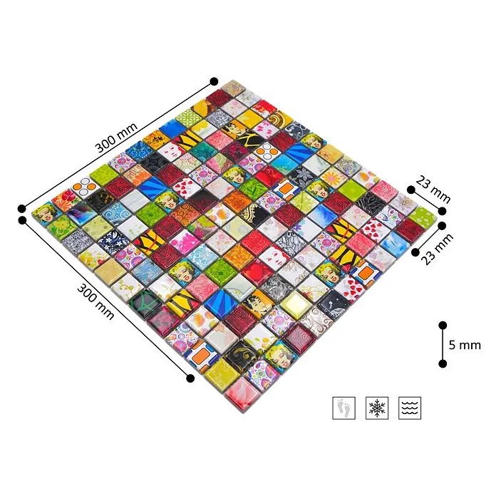 Mosaikfliese Quadrat Mix CG STAR - 30 x 30 cm, Mehrfarbig, Glänzend - Buntes, gemustertes Mosaikfliesen-Blatt (300x300mm) mit einzelnen 23x23mm Fliesen, geeignet für Böden und Nassbereiche.