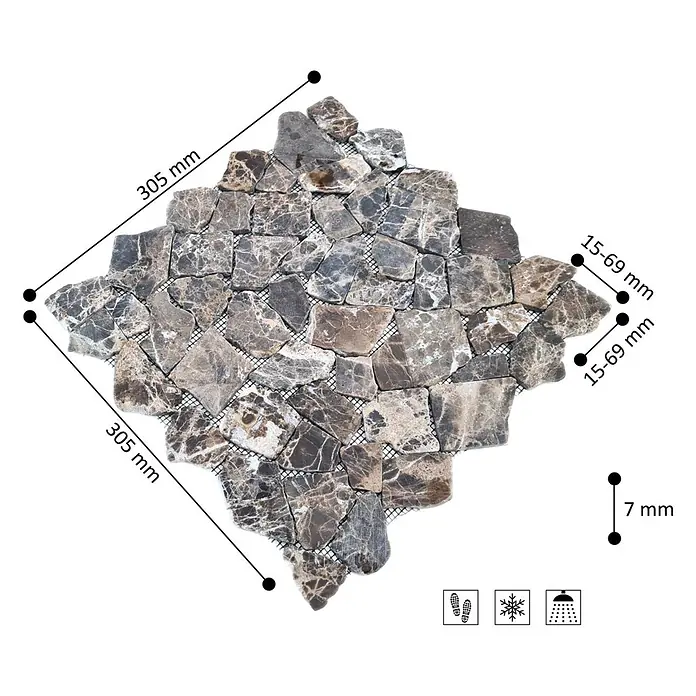 Mosaikfliese Uni CIOT 30/180KB - 30,5 x 30,5 cm, Braun, Matt - Mosaikfliesenmatte aus braun/grauem Naturstein (Marmor) auf Netz, 305x305mm, 7mm dick. Für Böden, frostsicher, Duschen geeignet.