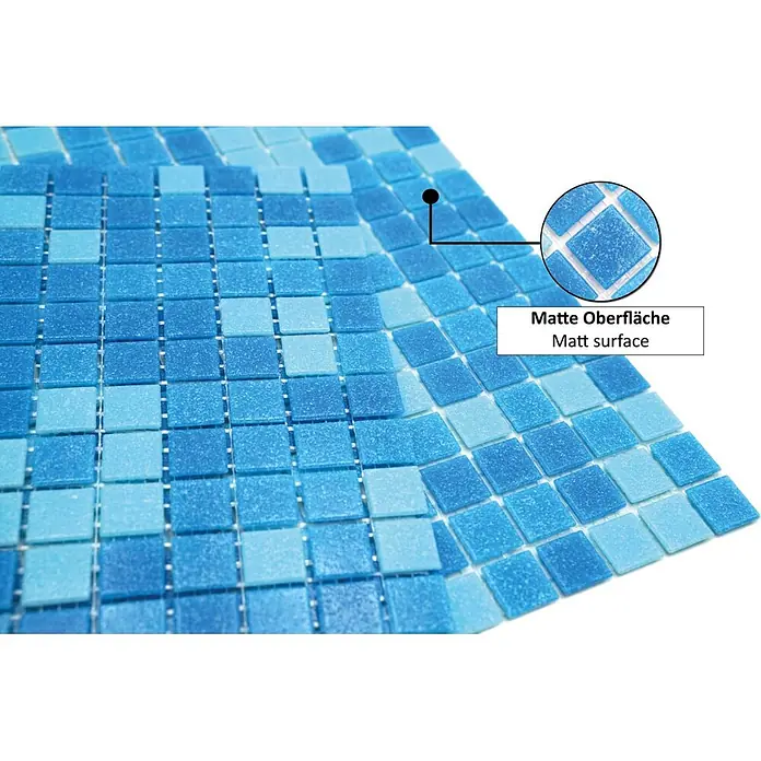 Mosaikfliese Quadrat Mix - 32,7 x 30,5 cm, Blau, Matt - Blaue Mosaikfliesen in zwei Farbtönen mit strukturierter matter Oberfläche, quadratisch angeordnet.
