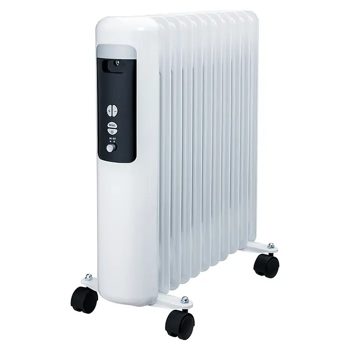 Emerio Ölradiator - 2.500 W, Weiß, 49 x 14,2 x 62 cm - Weißer Ölradiator mit schwarzem Bedienfeld und Rollen.