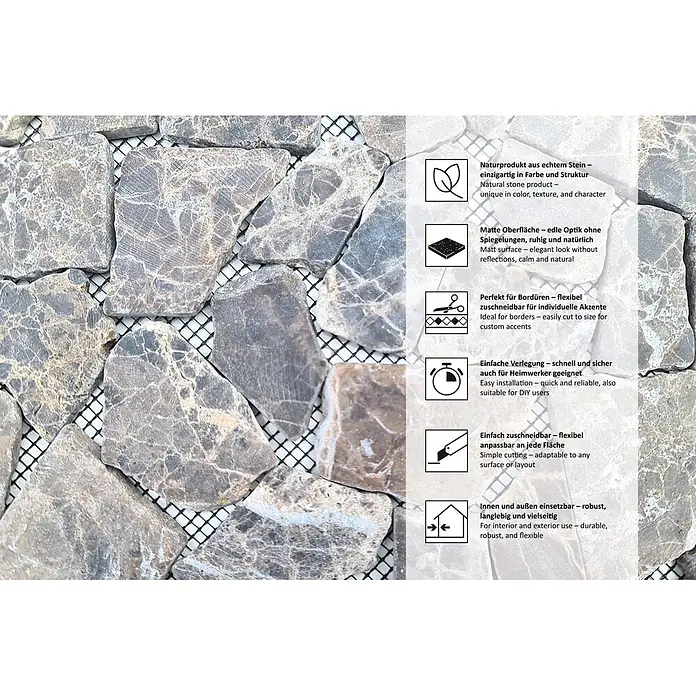 Mosaikfliese Uni CIOT 30/180KB - 30,5 x 30,5 cm, Braun, Matt - Unregelmäßige Naturstein-Mosaikfliesen in Braun und Grau mit weißer Äderung, auf einem Netzträger montiert.