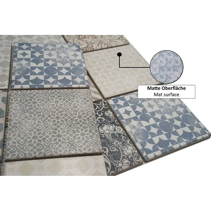 Mosaikfliese JAB 97PV20 multi colour - 29,7 x 29,7 cm, Mehrfarbig, Matt - Mosaikfliesen mit verschiedenen blauen, grauen und beigen Mustern und matter Oberfläche.