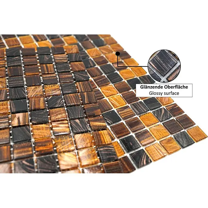 Mosaikfliese Goldstar GM GS 505254 - 32,7 x 30,5 cm, Braun, Glänzend - Glänzende braun-bronzefarbene Glasmosaikfliesen mit Wirbelmuster auf einem Netz.