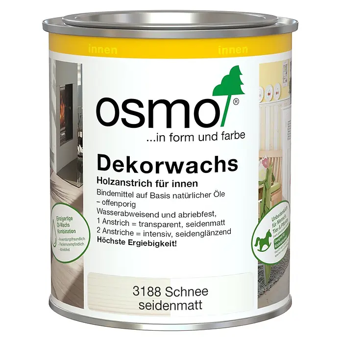 Osmo Dekorwachs Intensiv - Schneeweiß, 750 ml - Osmo Dekorwachs Dose, Farbe 3188 Schnee seidenmatt, für Holz innen. Weiße Dose mit gelben und silbernen Details.