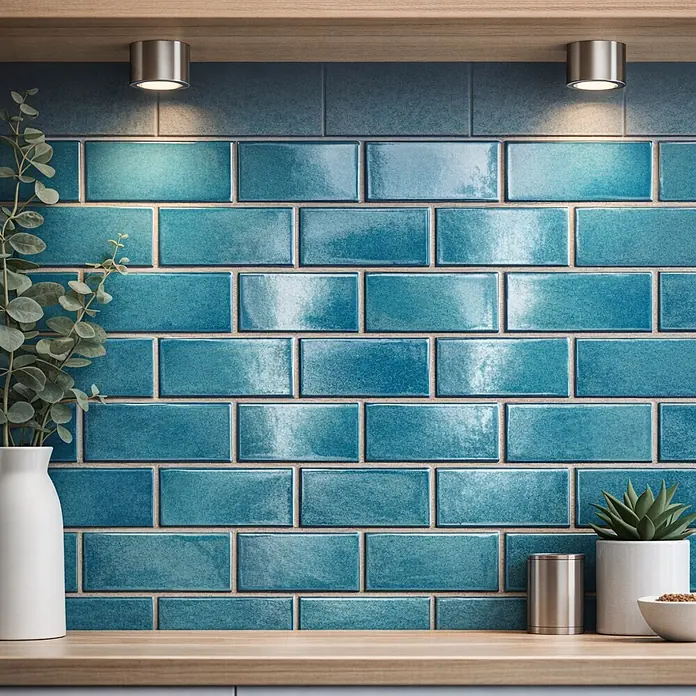 Mosaikfliese Subway Handmade Style HSS 612 - 30,9 x 26,5 cm, Blau, Glänzend - Glänzende blaue Keramik-U-Bahn-Fliesen als Küchenrückwand, beleuchtet unter einem Holzregal, mit Pflanzen auf der Arbeitsplatte.