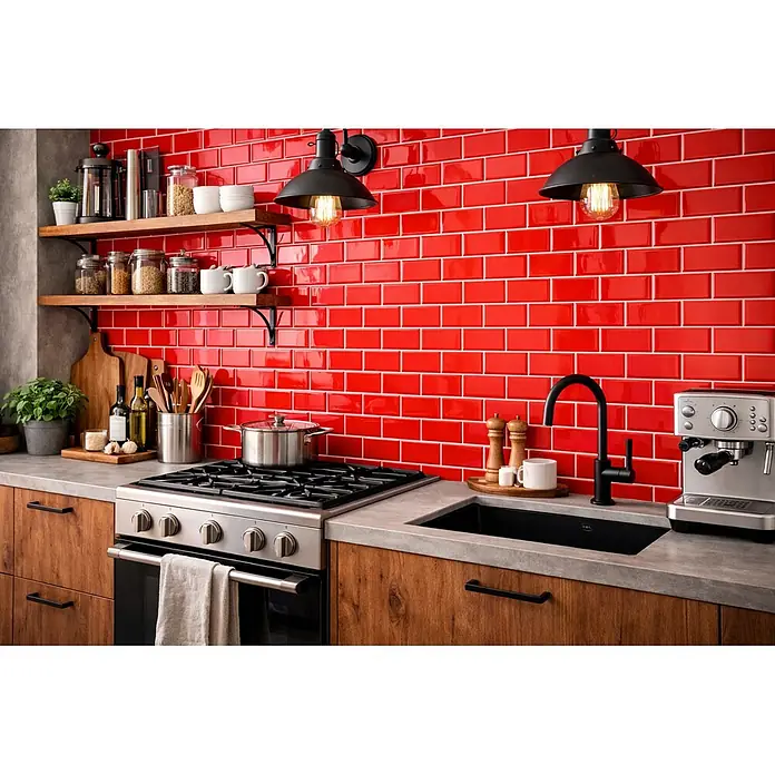 Mosaikfliese Subway Handmade Style HSS 567 - 30,9 x 26,5 cm, Rot, Glänzend - Moderne Küche mit leuchtend roten Metrofliesen, Edelstahlherd, schwarzer Spüle und Holzschränken.