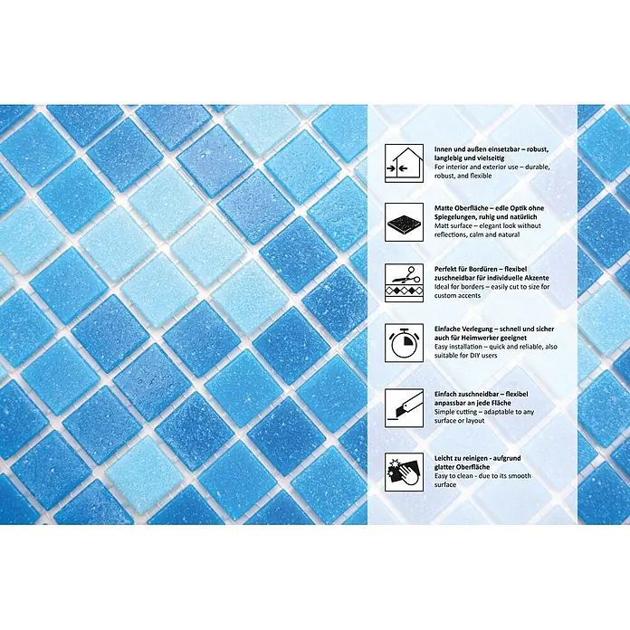 Mosaikfliese Quadrat Mix - 32,7 x 30,5 cm, Blau, Matt - Blau-türkise Mosaikfliesen mit strukturierter Oberfläche in verschiedenen hellen und dunklen Blautönen, ideal für Bäder oder Pools.