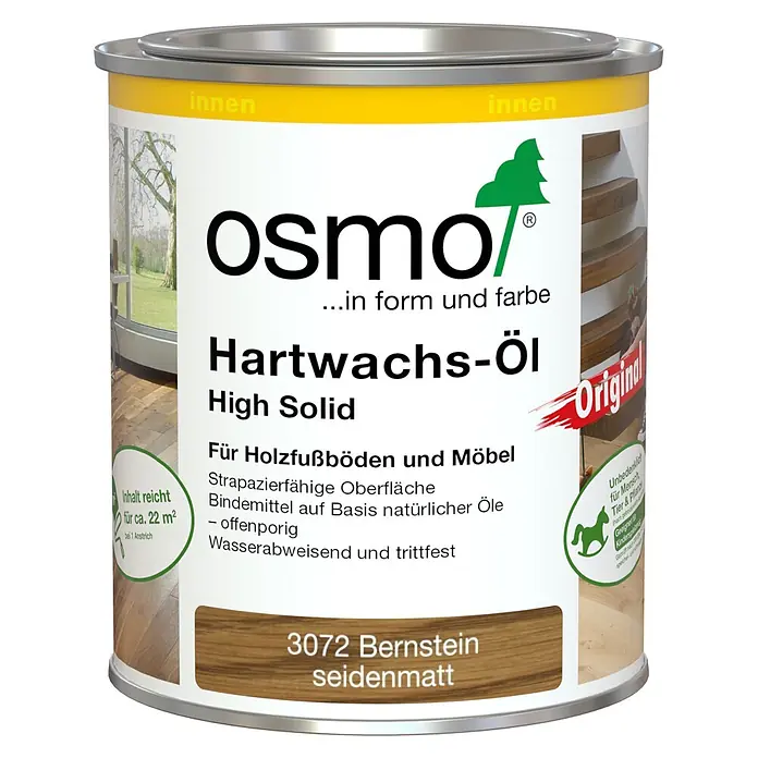 Osmo High Solid Hartwachsöl Farbig - Bernstein, 750 ml, Seidenmatt - Osmo Hartwachs-Öl 3072 Bernstein seidenmatt im Metallgebinde. Natürliches Holzöl für strapazierfähige Böden und Möbel.