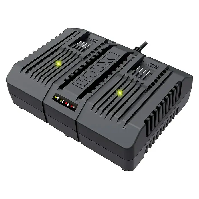 Worx PowerShare 20V Ladegerät WA3883 - Passend für: 20 V Powershare-Akkus - Ein Worx-Akkuladegerät mit zwei Akku-Slots und LED-Anzeigen, das die Ladestatusinformationen anzeigt.