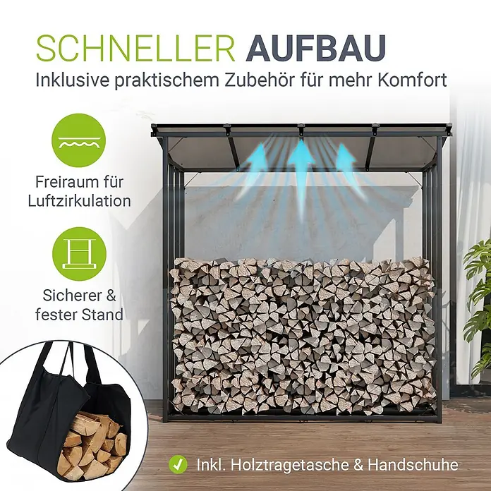 Juskys Kaminholzregal Kaminholzregal - 70 x 70 x 185 cm, Metall, Schwarz - Schwarzes Metall-Kaminholzregal mit Holzscheiten, inklusive Tragetasche und Handschuhen. Bietet Belüftung und stabilen Stand.