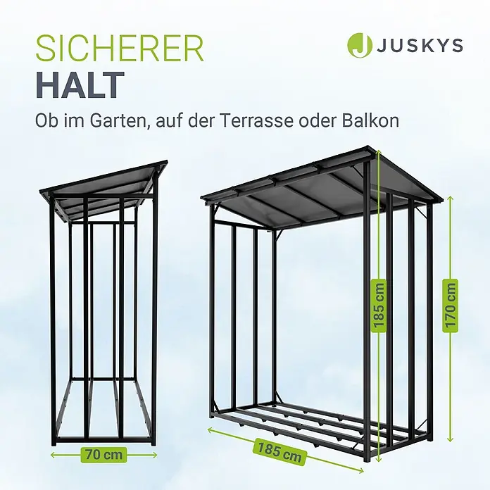 Juskys Kaminholzregal Kaminholzregal - 70 x 70 x 185 cm, Metall, Schwarz - Schwarzes Metall-Kaminholzregal mit Schrägdach und hervorgehobenen Maßen.