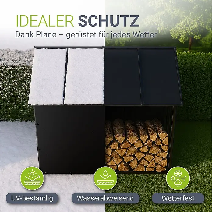 Juskys Kaminholzregal Kaminholzregal - 70 x 70 x 185 cm, Metall, Schwarz - Schwarzes Metall-Brennholzregal, mit Schnee auf dem Dach und Brennholz gefüllt, betont Wetterbeständigkeit.