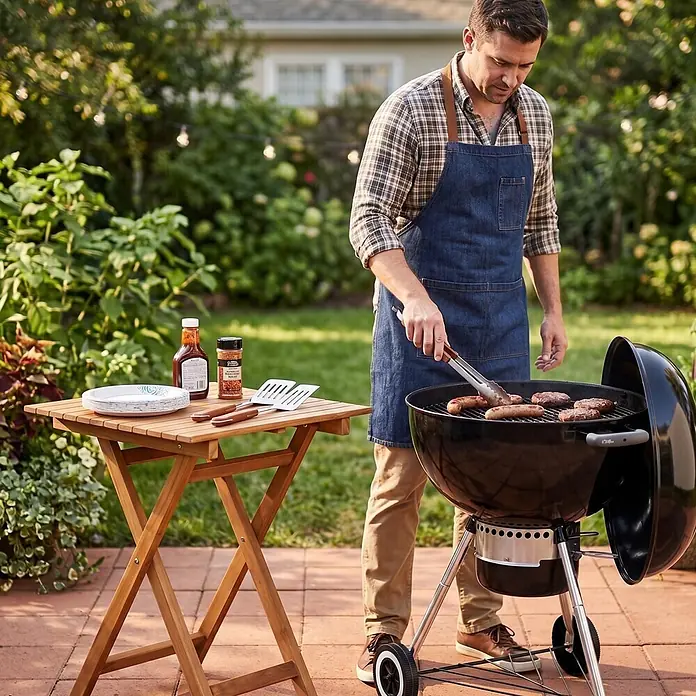Bene Living Balkontisch Porton - L x B x H: 60 x 60 x 75 cm, Teakholz, Klappbar, Quadratisch, Natur - Mann grillt Würstchen und Burger auf einem schwarzen Holzkohlegrill mit Holz-Beistelltisch und Grillwerkzeugen im Freien.