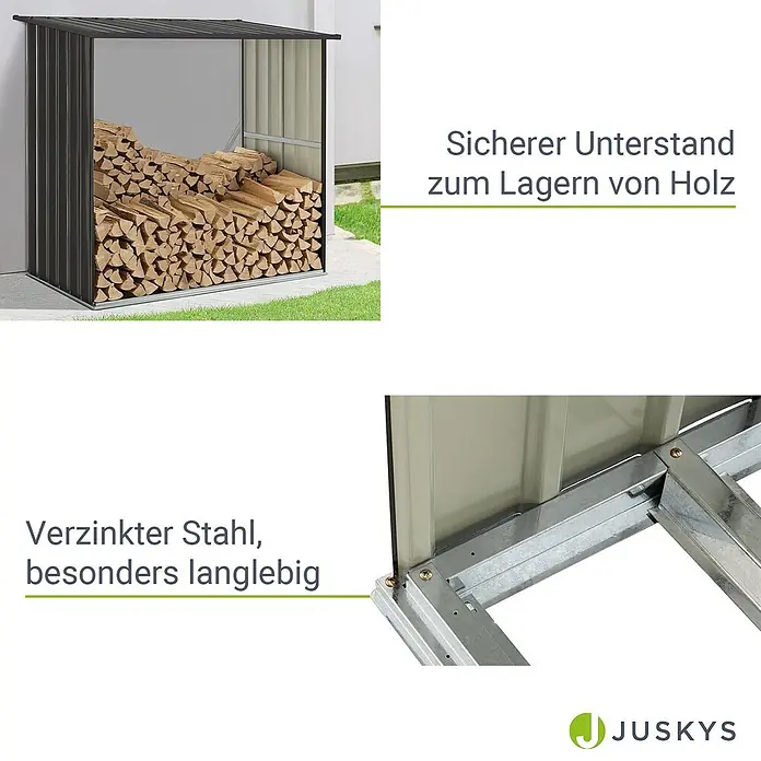 Juskys Kaminholzregal Enno - 163 x 163 x 154 cm, Metall, Grau - Dunkelgrauer Metall-Kaminholzunterstand, gefüllt mit Holzscheiten. Aus langlebigem verzinktem Stahl.