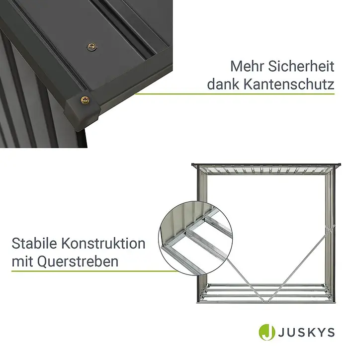 Juskys Kaminholzregal Enno - 163 x 163 x 154 cm, Metall, Grau - Dunkelgraues Metall-Geräteschuppengestell mit stabiler Konstruktion durch Querstreben und Kantenschutz für mehr Sicherheit.