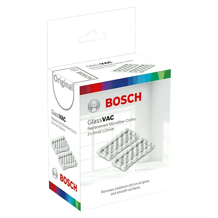 Bosch Mikrofasertuch - Passend für: Bosch Fenstersauger GlassVac - Eine Packung Bosch GlassVAC Ersatz-Mikrofasertücher, 2 Stück in kleiner Größe (110 mm), für streifenfreie Reinigung von Glasoberflächen.