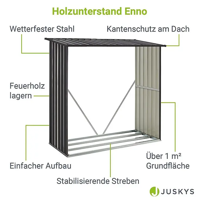 Juskys Kaminholzregal Enno - 163 x 163 x 154 cm, Metall, Grau - Dunkler wetterfester Stahl-Holzunterstand mit Kantenschutz am Dach und stabilisierenden Streben für einfache Montage, bietet über 1 m² Lagerfläche.