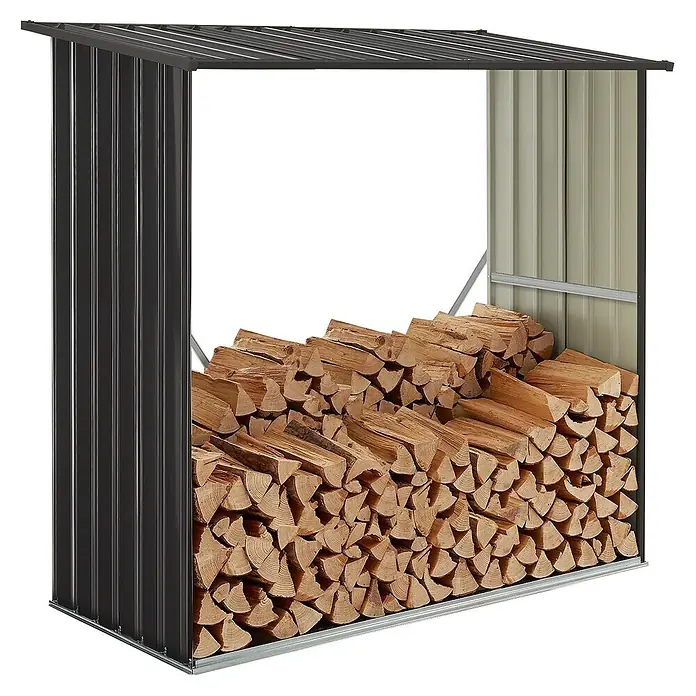 Juskys Kaminholzregal Enno - 163 x 163 x 154 cm, Metall, Grau - Dunkelgrauer Metall-Brennholzschuppen gefüllt mit gespaltenen Holzscheiten. Das Dach ist schräg, die Rückwand hellgrau.